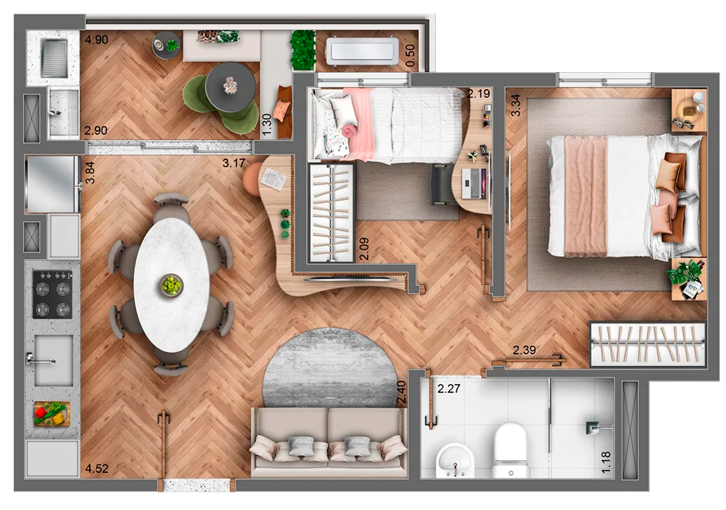 Planta 42,95m² — 2 dormitórios Vista 553
